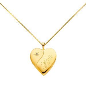 14K Yellow Mom Heart Locket with 1.2mm Wheat Chain
